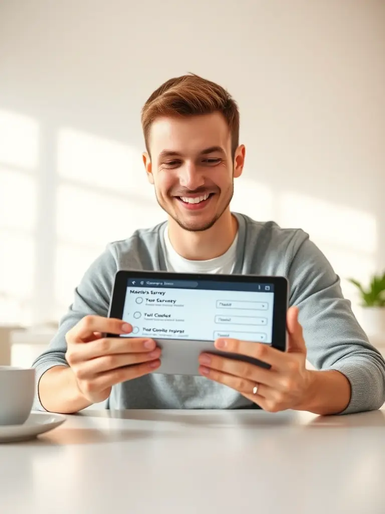 A person completing a survey on a tablet, illustrating the ease and accessibility of earning money through online surveys and tasks.