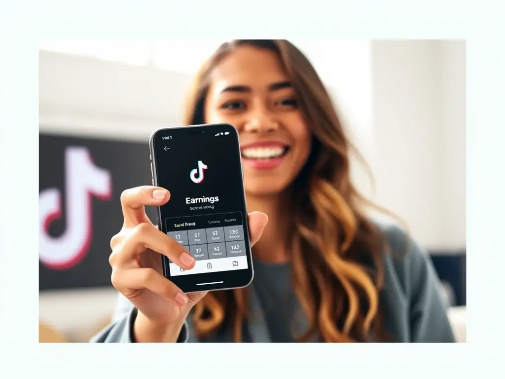 A person is happily showcasing their earnings on a smartphone, with the TikTok logo subtly displayed in the background, representing the platform's earning potential.