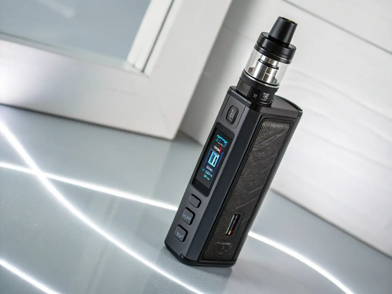 A close-up image of a sleek, matte-black vaping device with glowing neon blue accents, highlighting its brushed metal body and seamless construction, set against a dark, futuristic background with subtle cyberpunk lighting.