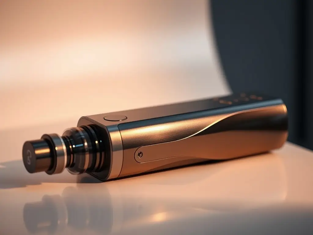 A macro shot of a transparent glass vape tank with a glowing cyan edge, showing the clarity and purity of the material, with vapor swirling inside and a high-tech circuit pattern in the background.