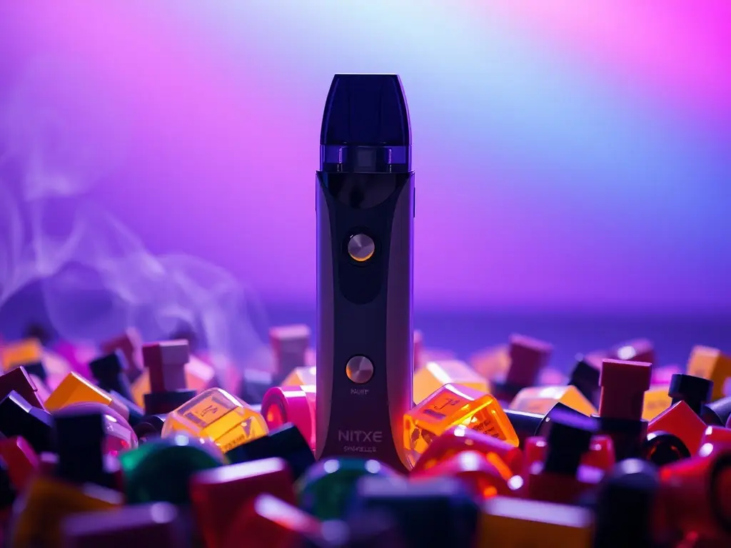 A detailed image of a ceramic heating element glowing softly inside a modern vape device, surrounded by a dark, neon-lit environment that emphasizes advanced technology and clean lines.